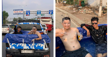 Nắng nóng đỉnh điểm, 2 thanh niên biến thùng xe tải thành bể bơi